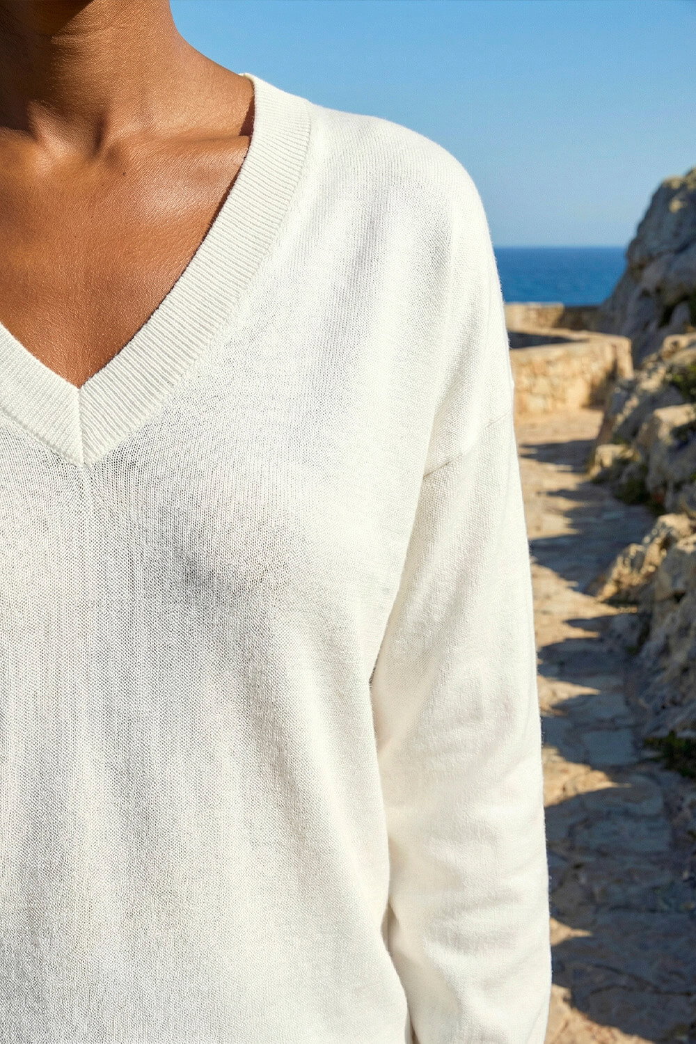 Ivory Plain Stretch V-Neck Jumper, Image 5 of 4