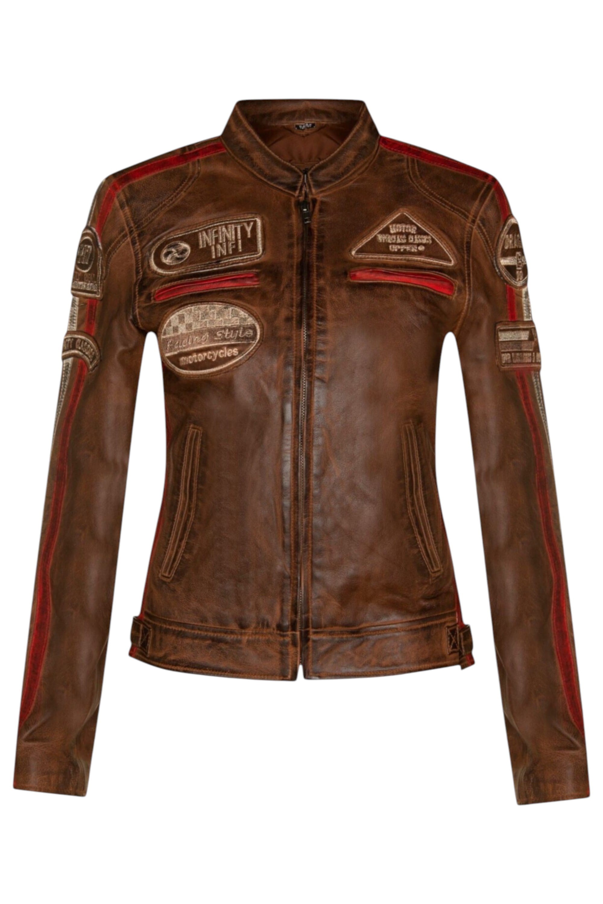 Tan Biker Racing Badges Leather Jacket, Image 1 of 5