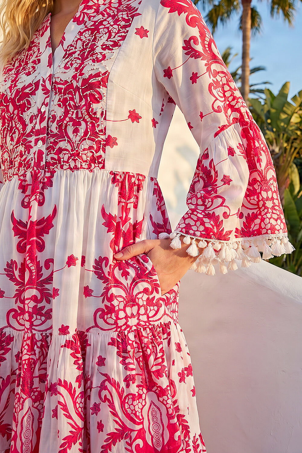 CORAL Beaded Tassel Trim Smock Dress, Image 5 of 4