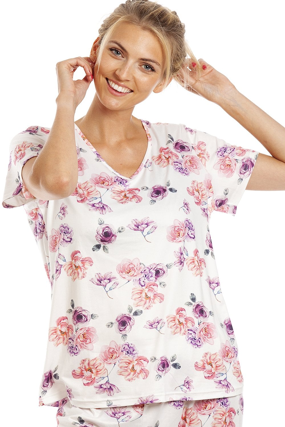 Cream Camille Lingerie Cream Lightweight Floral Print Pyjama Set, Image 2 of 5
