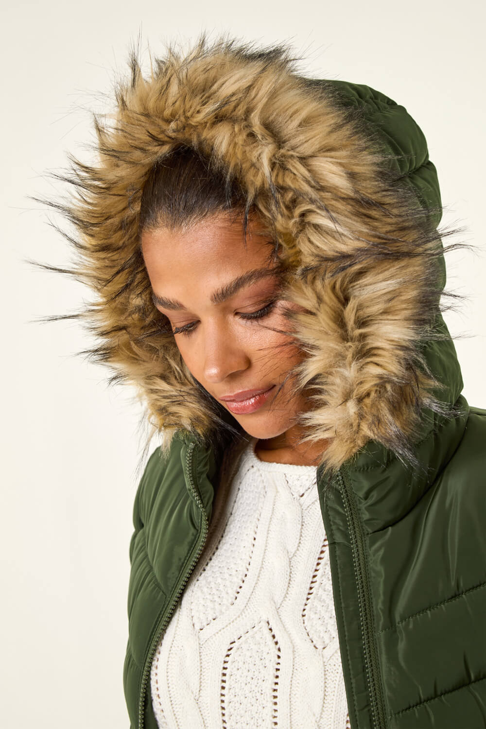 Khaki Faux Fur Hooded Quilt Coat, Image 5 of 5