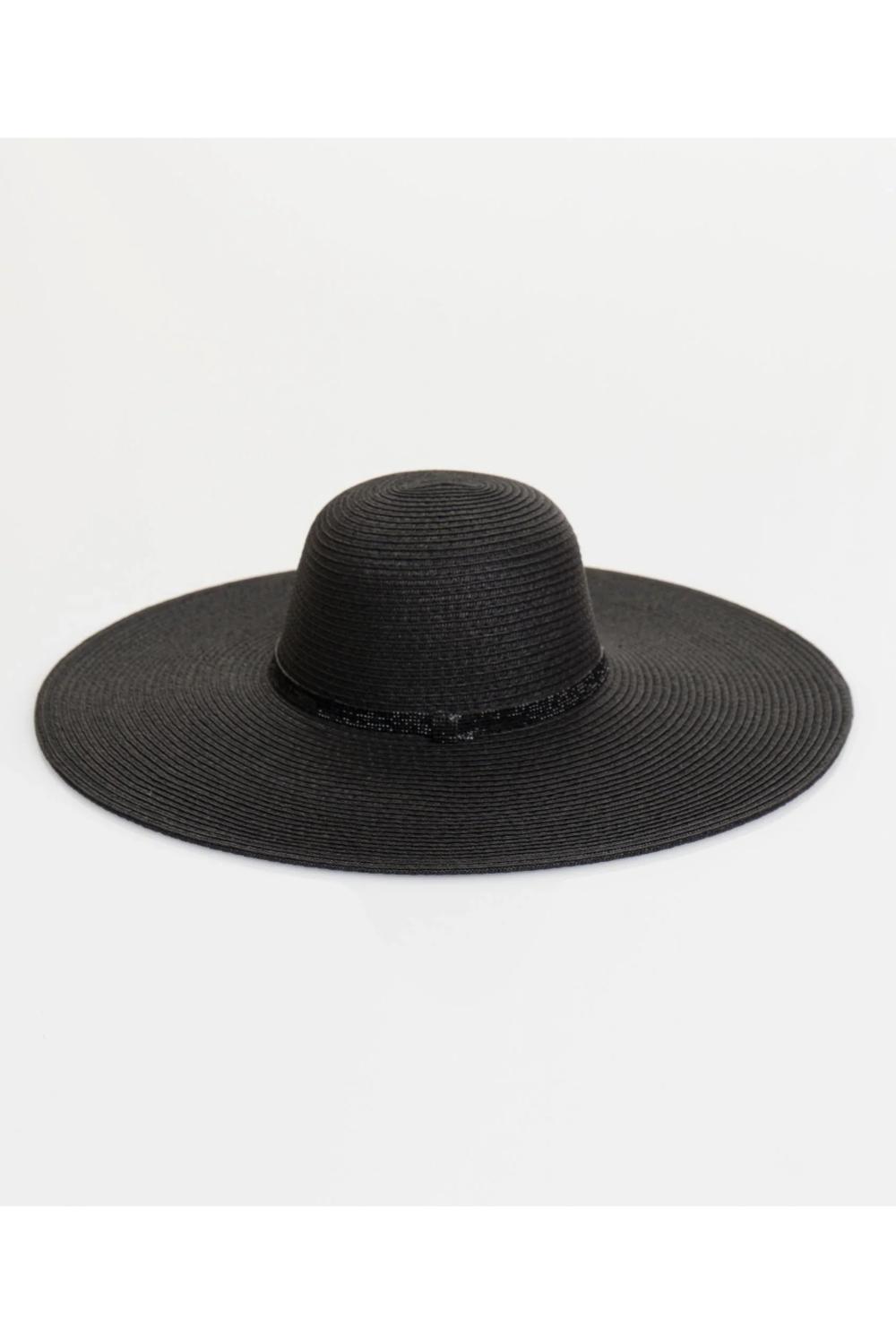 Black Romero - Rhinestone Belt Straw Floppy Hat - Black, Image 2 of 2