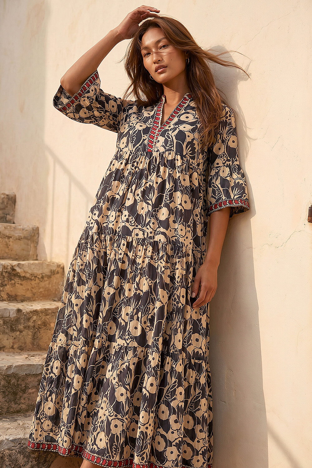 Brown Floral Print Border Maxi Dress, Image 3 of 4