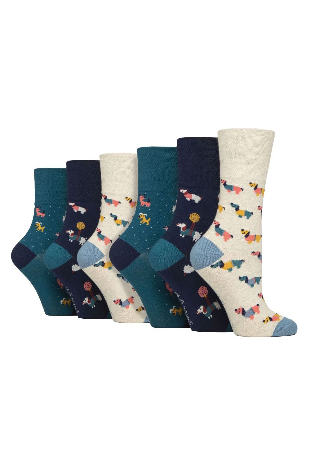 Teal 6 Pairs Wildlife Dogs Cats Patterned Socks, Image 1 of 2