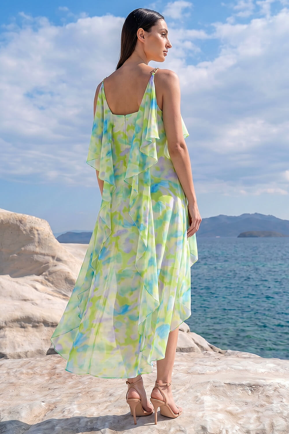 Lime Abstract Chiffon Ruffle Detail Midi Dress, Image 4 of 4