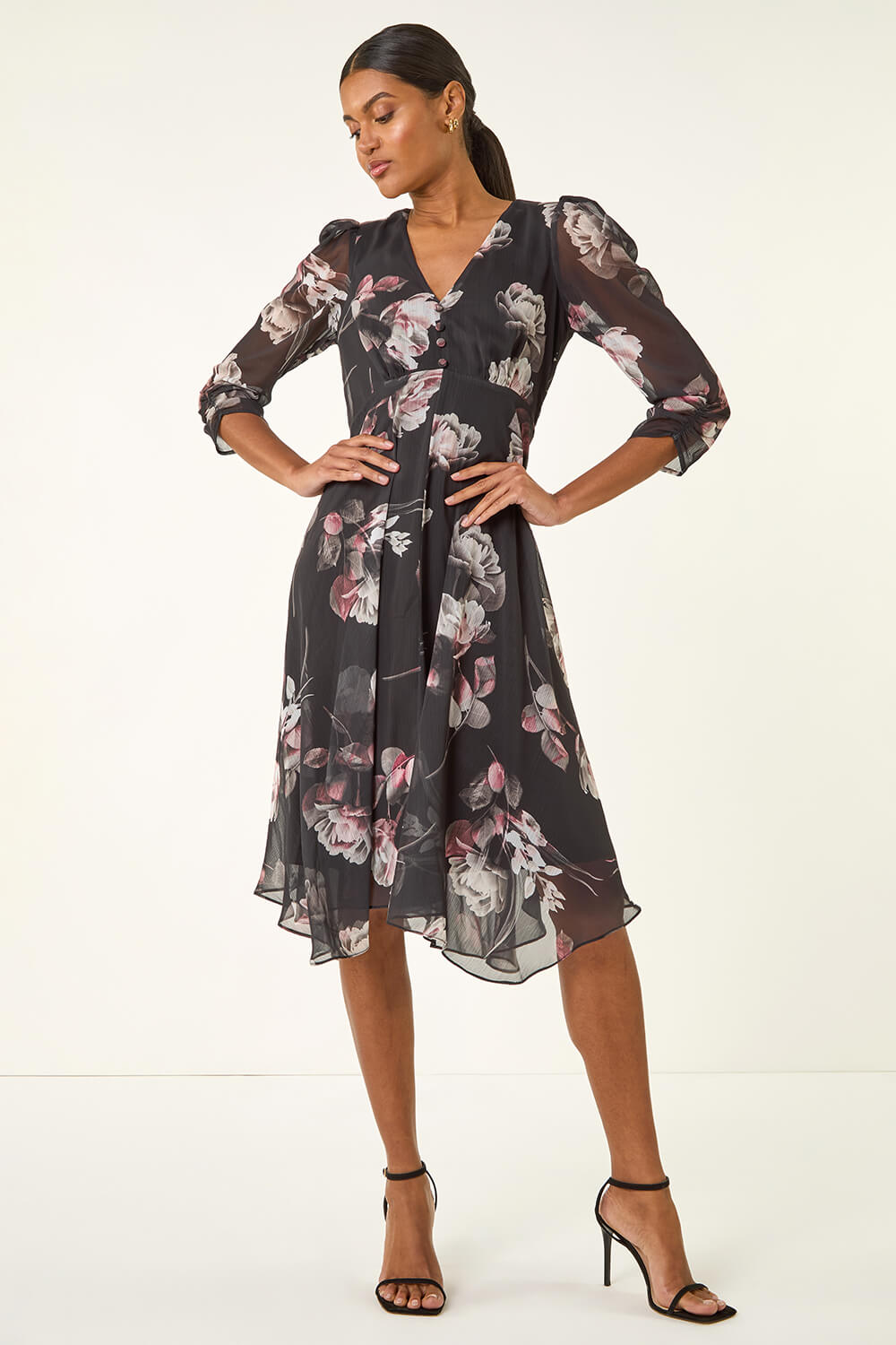 Black Floral Print Hanky Hem Dress, Image 3 of 5