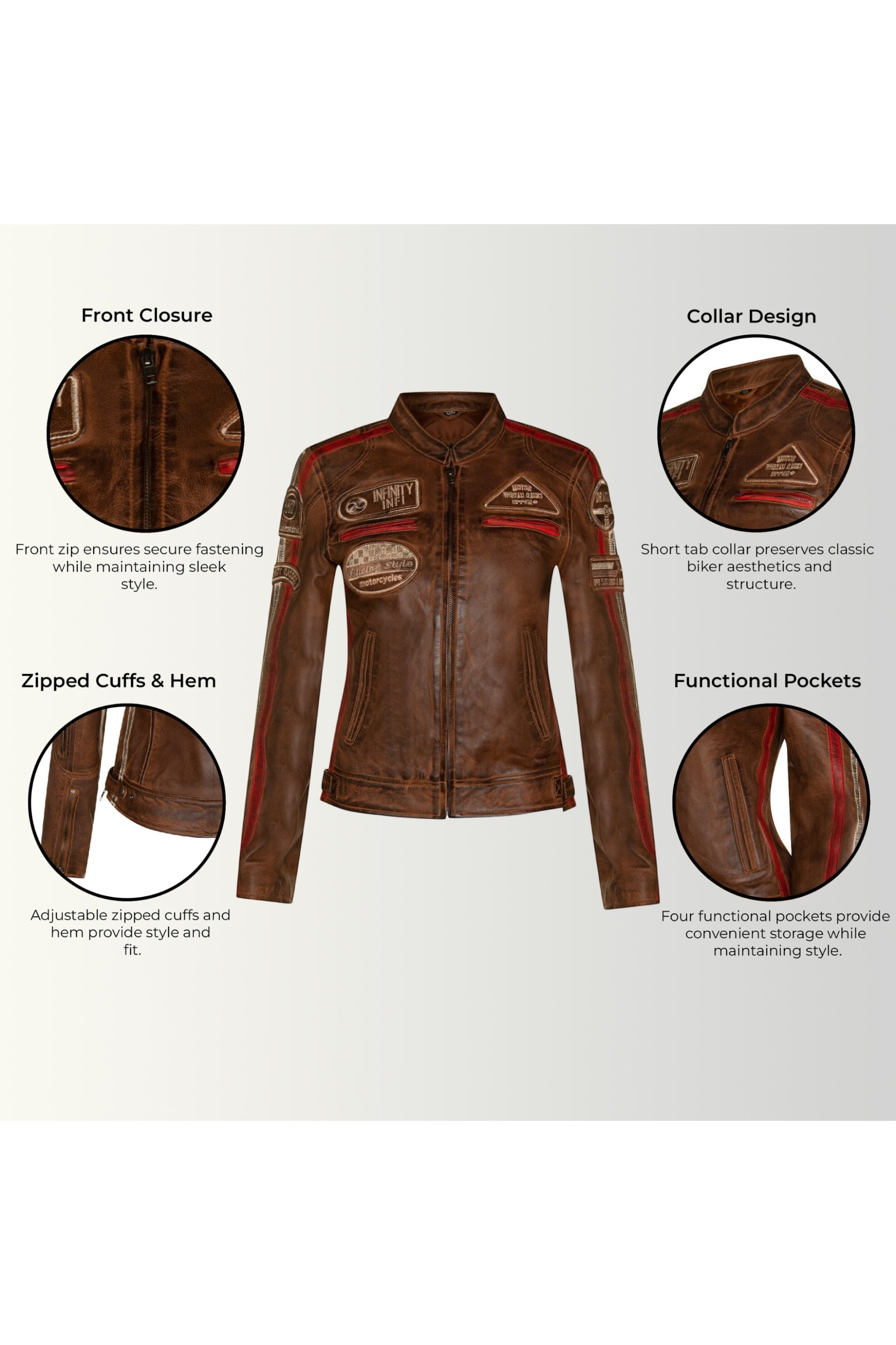 Tan Biker Racing Badges Leather Jacket, Image 3 of 5