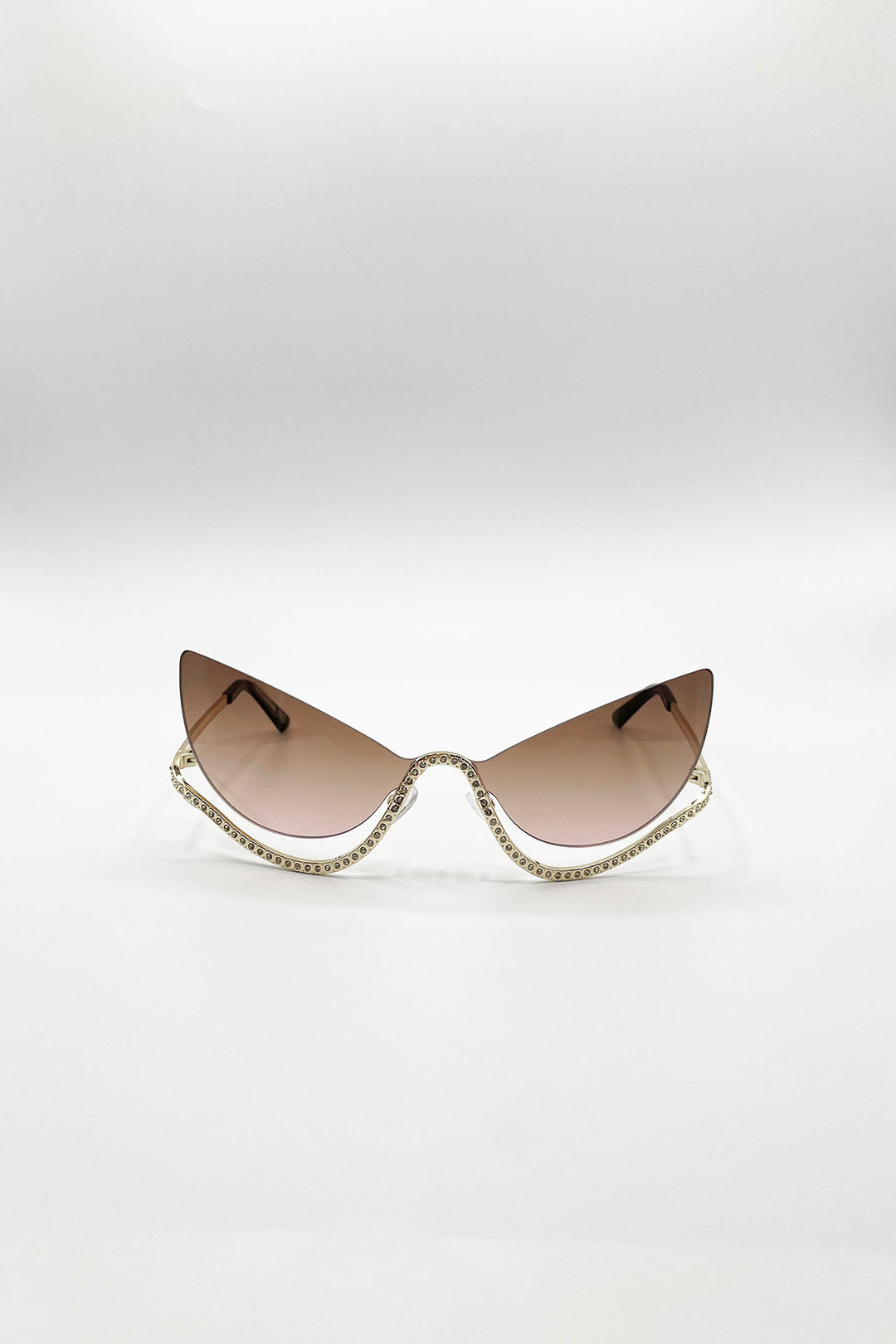 Brown SVNX Brown Butterfly Dimante Rimless Sunglasses In Brown, Image 1 of 4