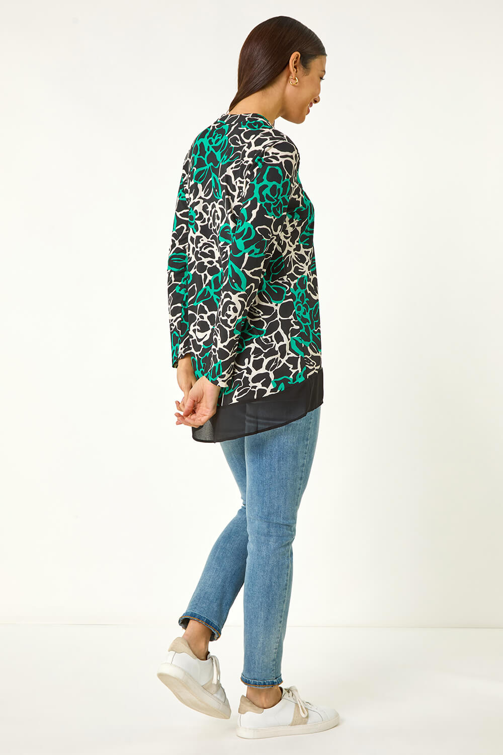 Green Floral Print Chiffon Hem Top, Image 4 of 5