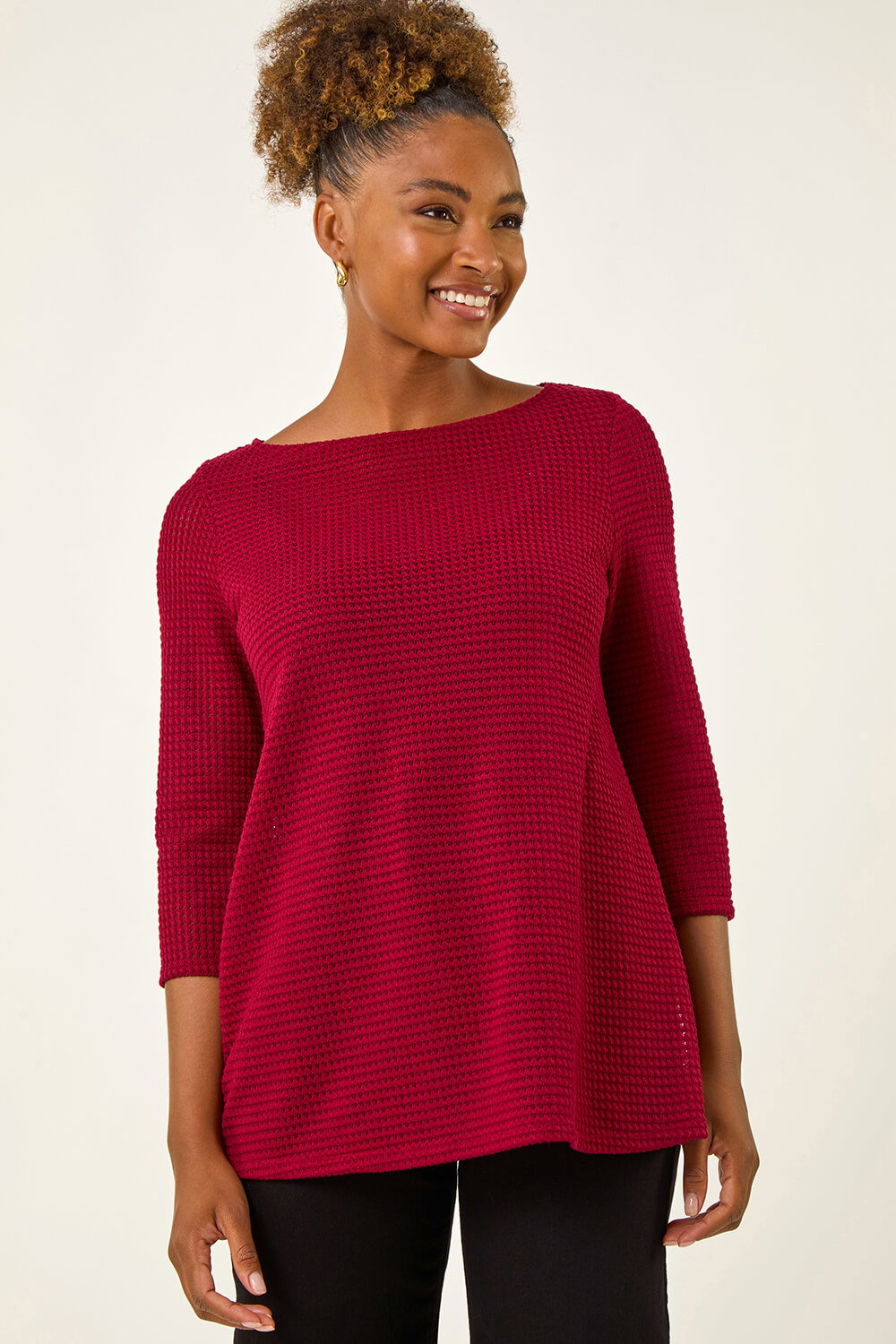 Red Crochet Knit Tunic Stretch Top, Image 1 of 5