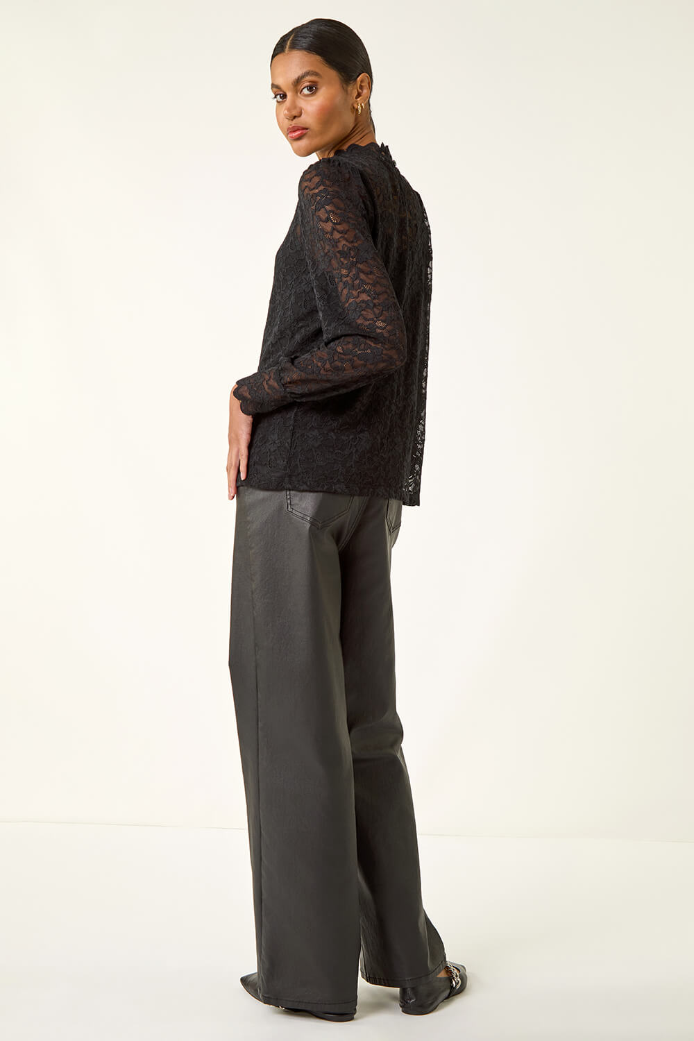 Black Lace Frill High Neck Stretch Top, Image 4 of 5
