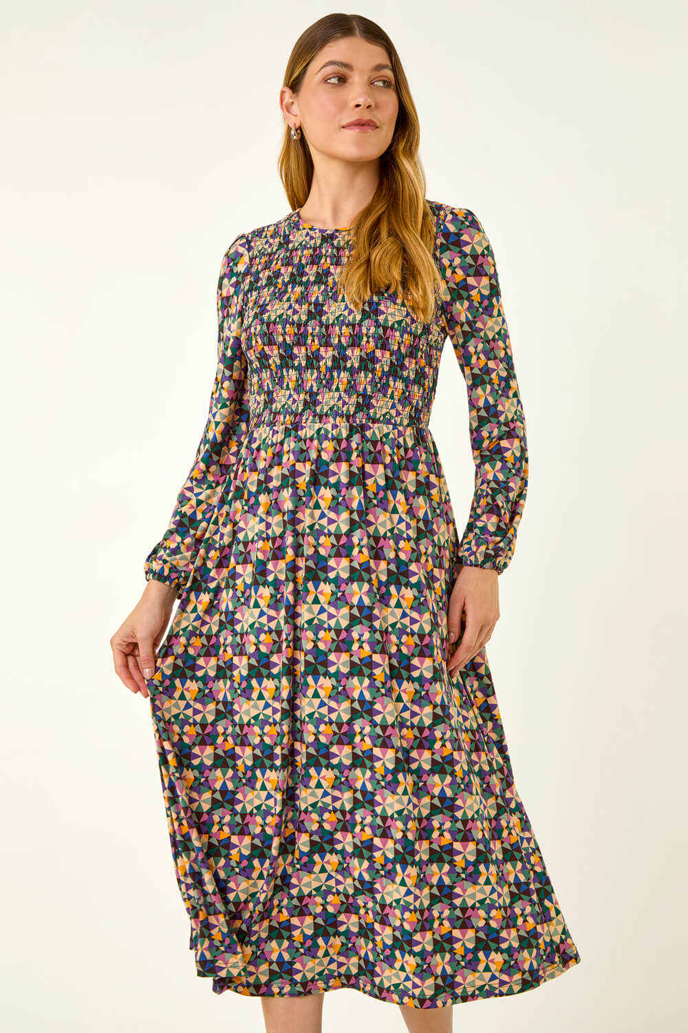 Mauve Geometric Print Shirred Midi Dress, Image 5 of 5