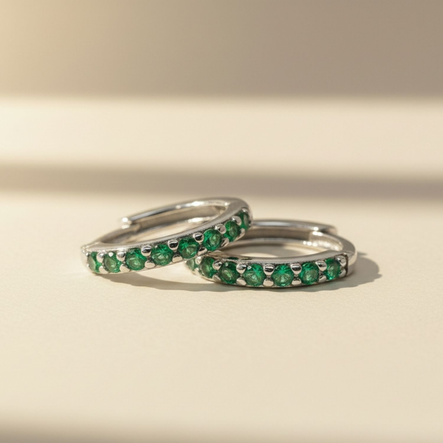 Green Emerald May Birthstone Small Silver Huggie Hoops