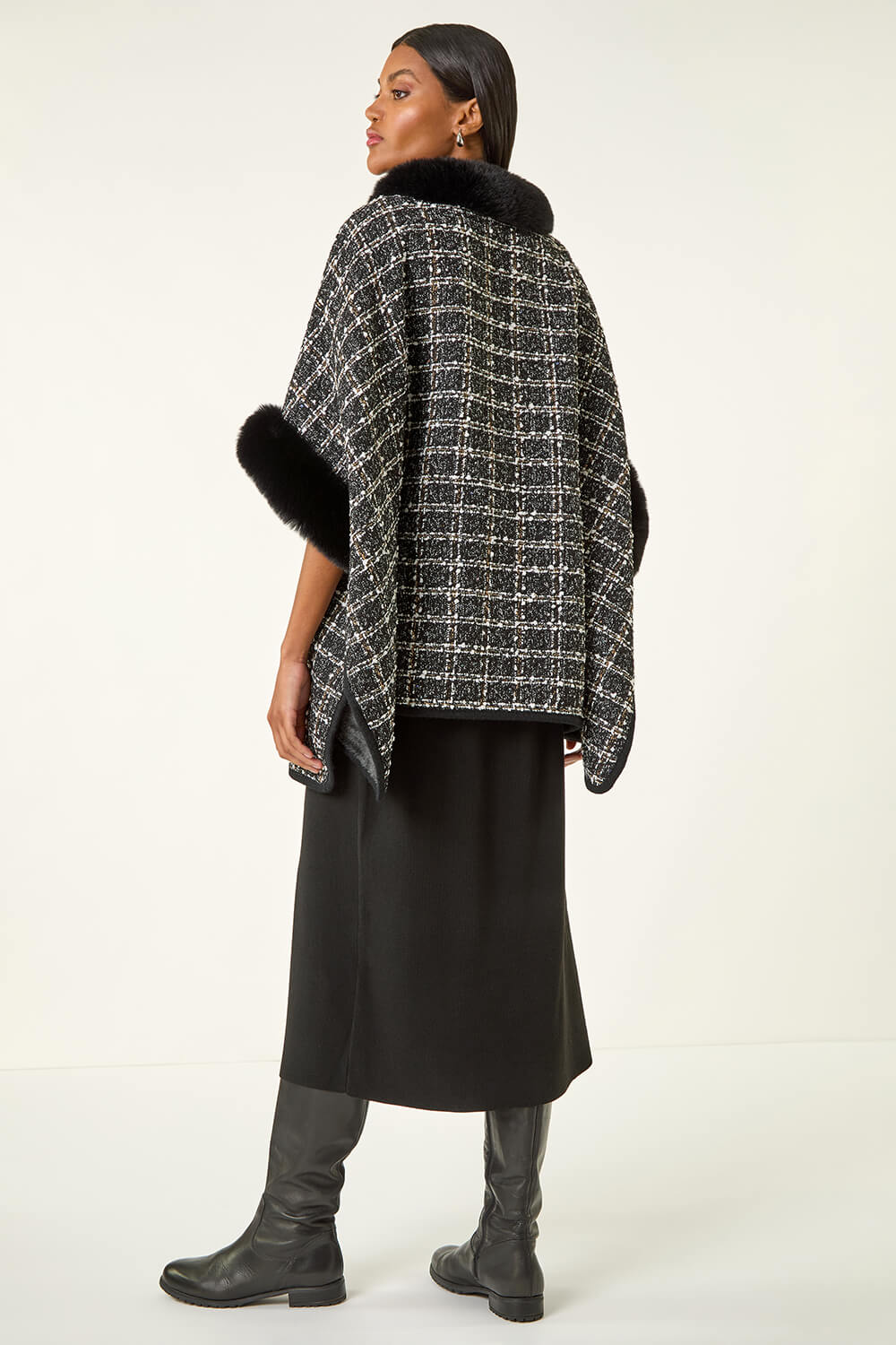 Black Faux Fur Jacquard Knit Poncho, Image 5 of 5