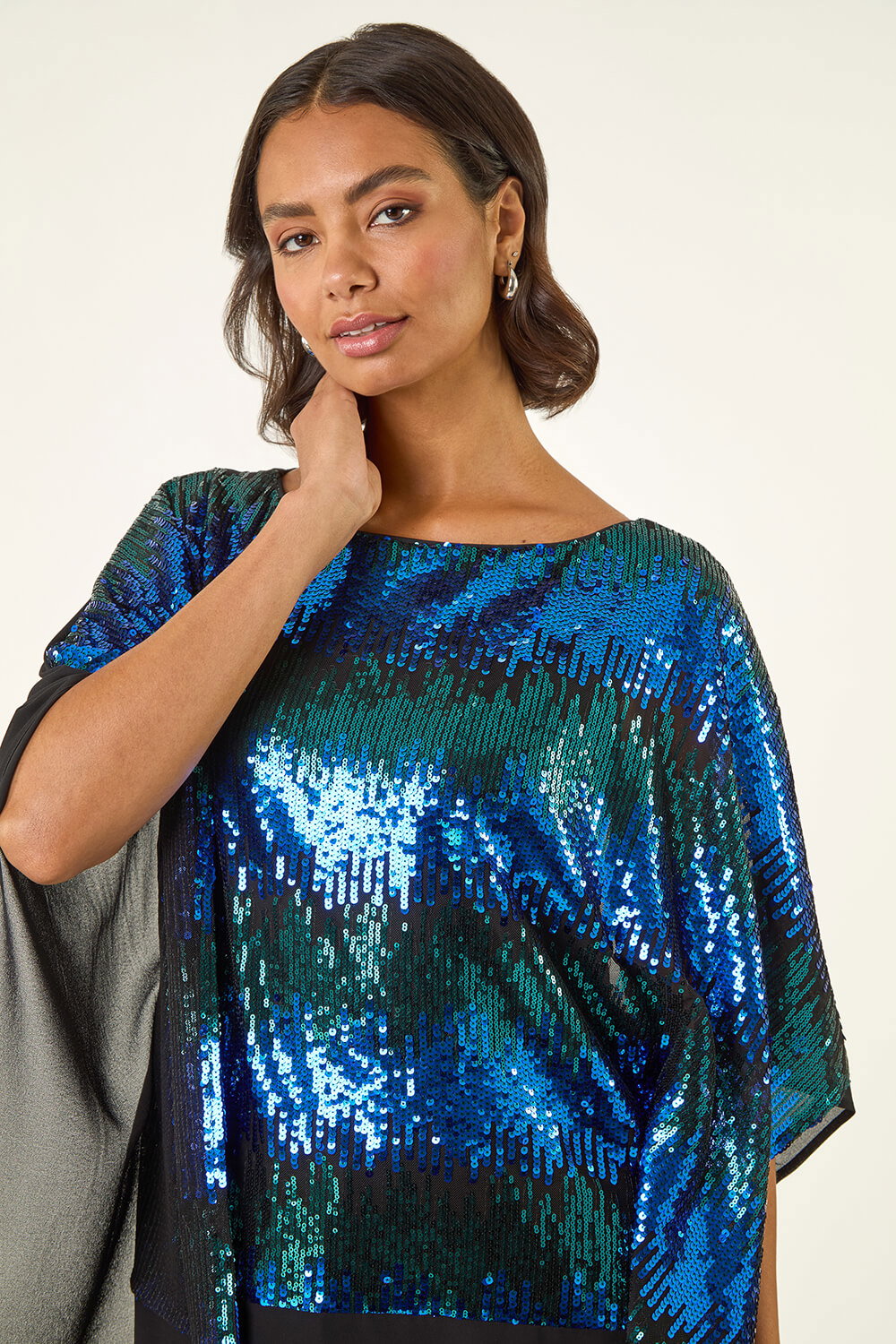 Blue Ombre Sequin Mesh Chiffon Top, Image 5 of 5