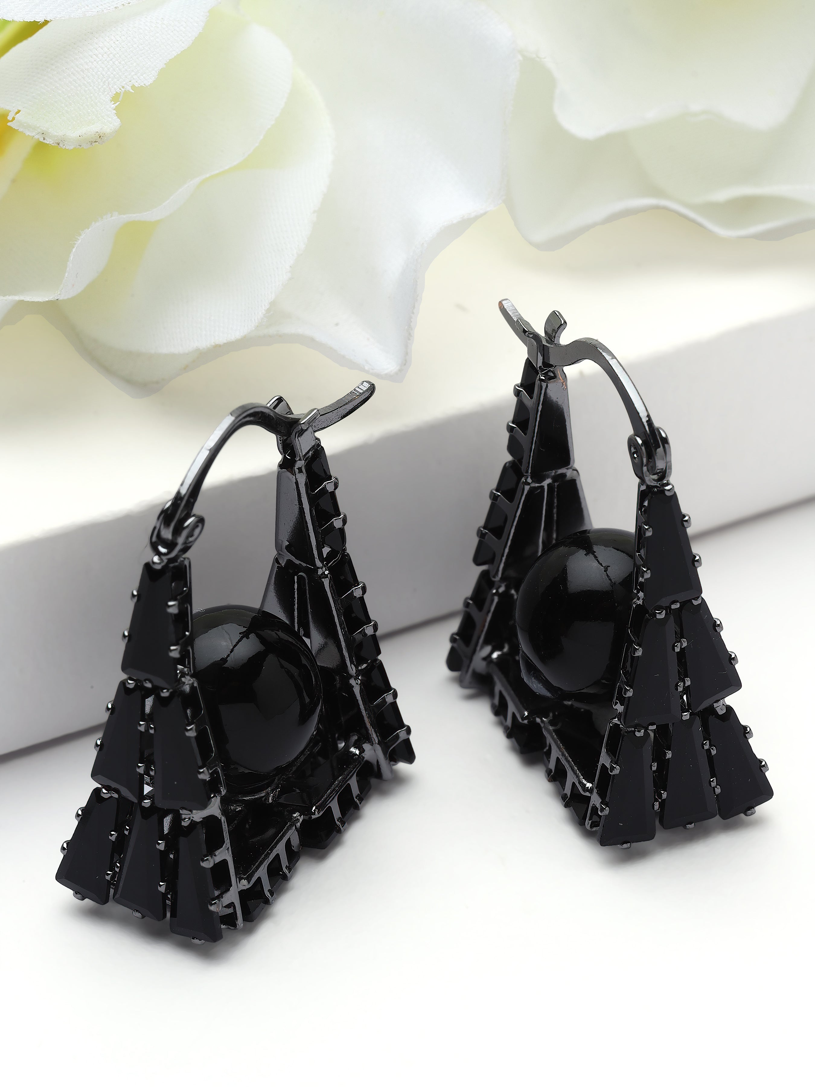 Black Geometric Frame Drop Earrings, Image 3 of 3
