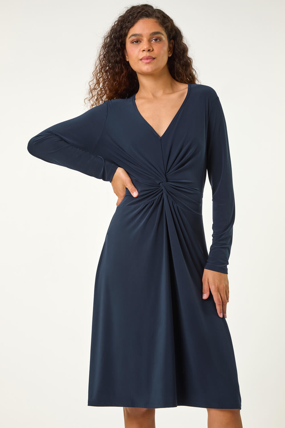 Navy Twist Front Stretch Midi Dress, Image 3 of 5