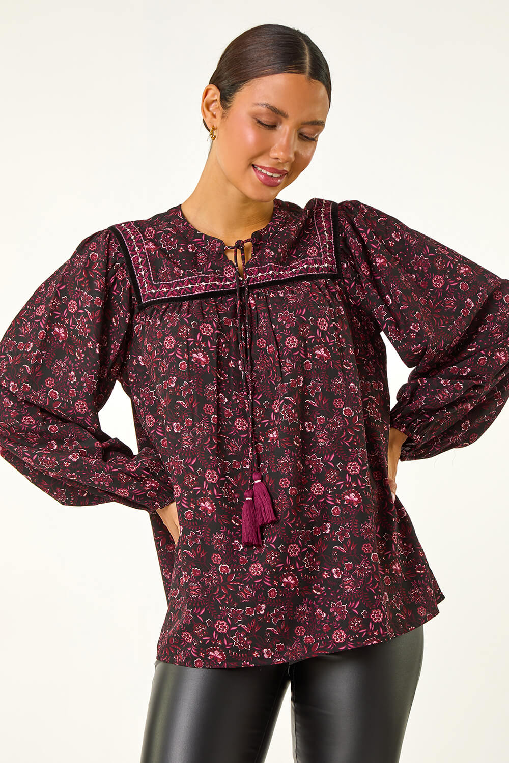 Purple Floral Print Tie Front Top, Image 5 of 5