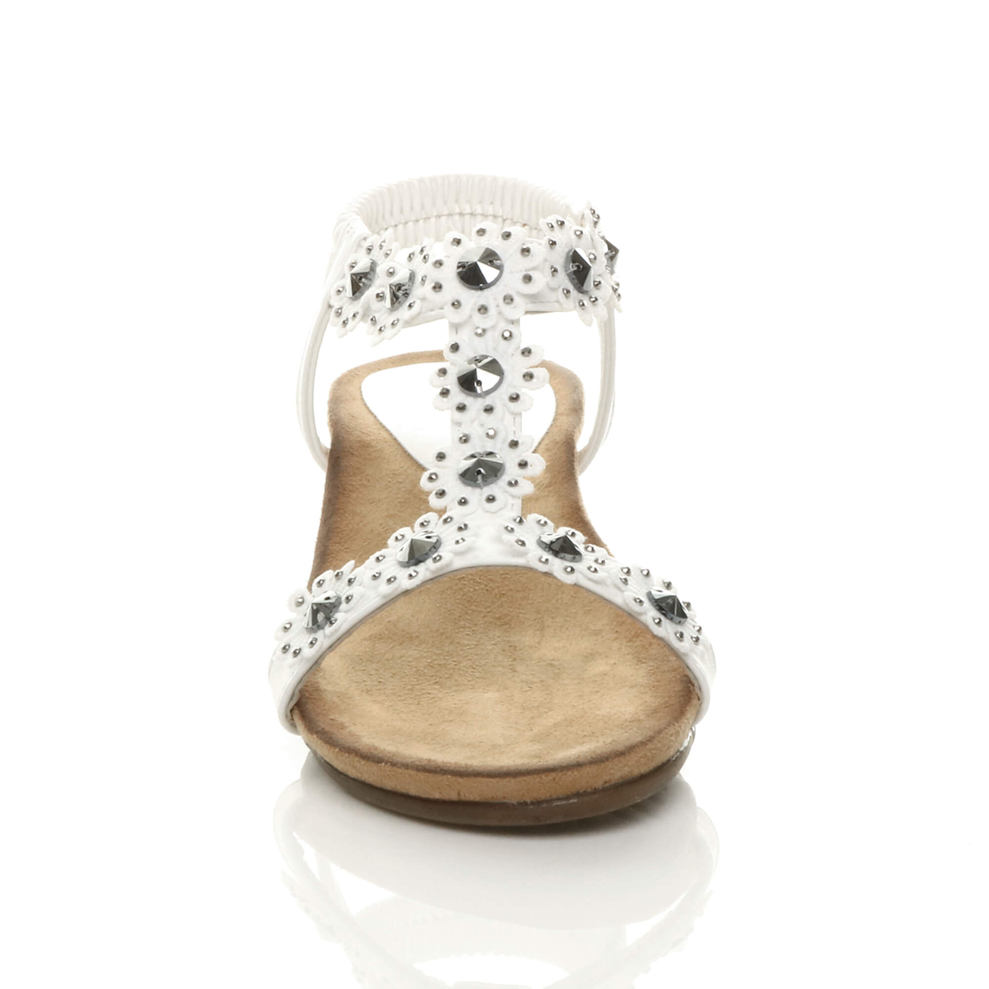 White AJVANI White Low Wedge Heel Strappy T-Bar Flower Slingback Sandals, Image 6 of 6
