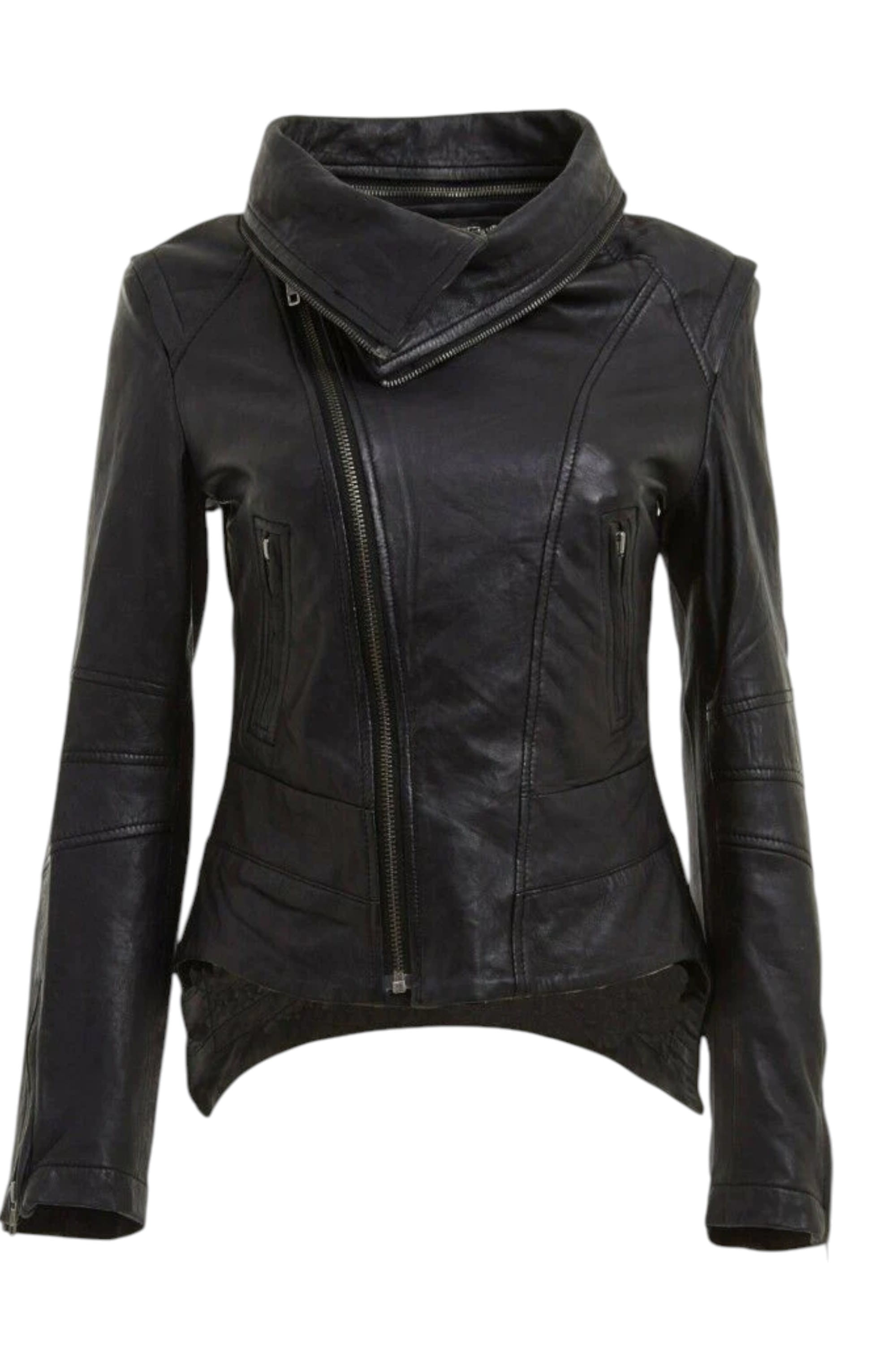 Black Detachable Collar Leather Biker Jacket, Image 1 of 4