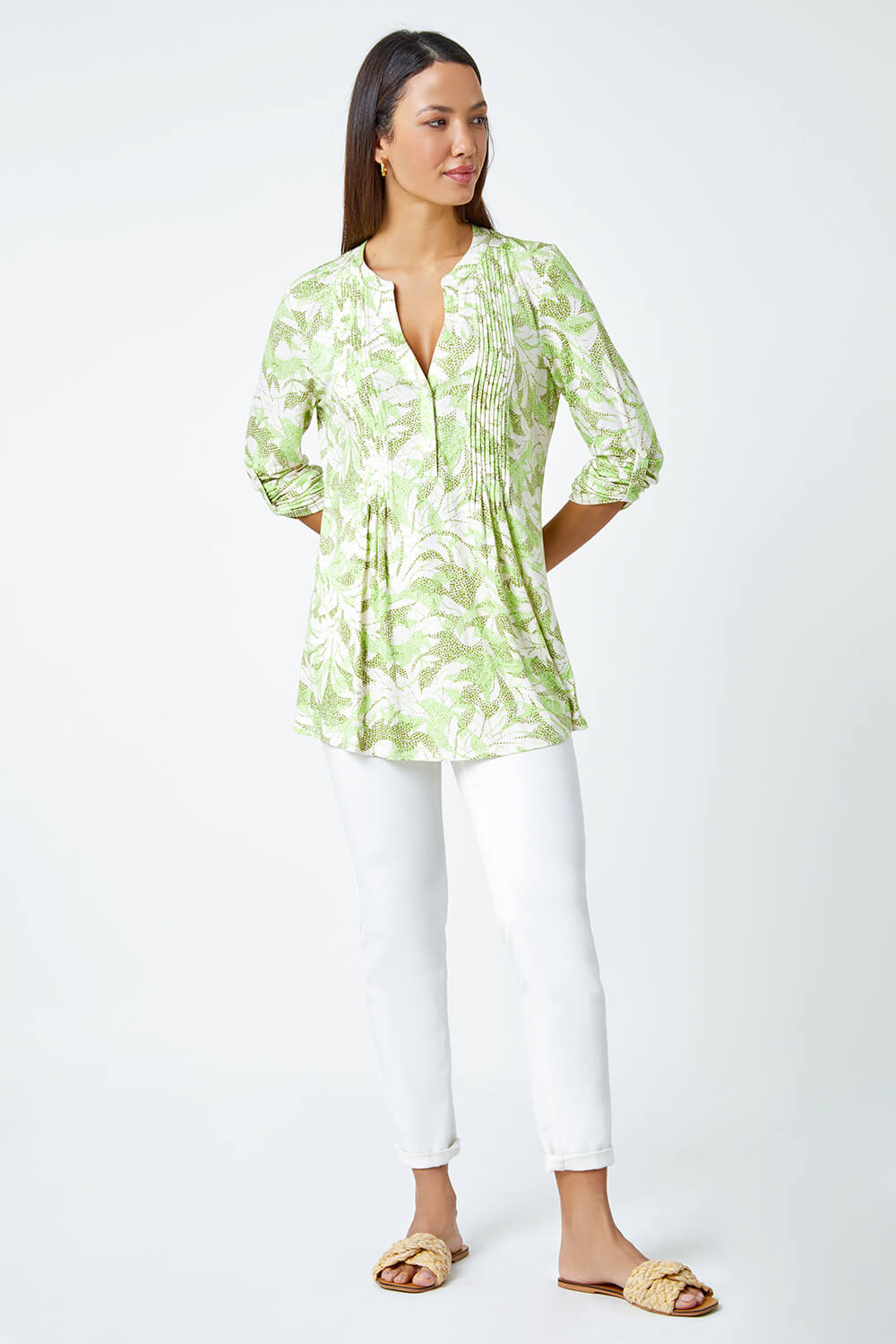 Khaki Camo Leaf V-Neck Pintuck Stretch Top, Image 3 of 5