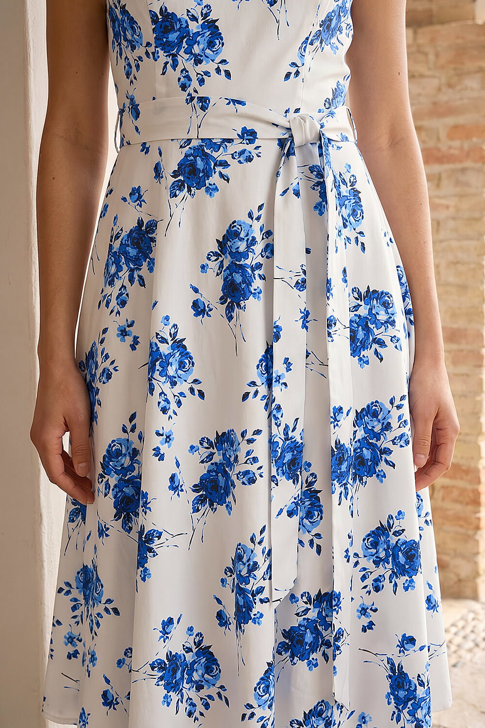 Blue Floral Tie Waist Midi Dress, Image 5 of 4