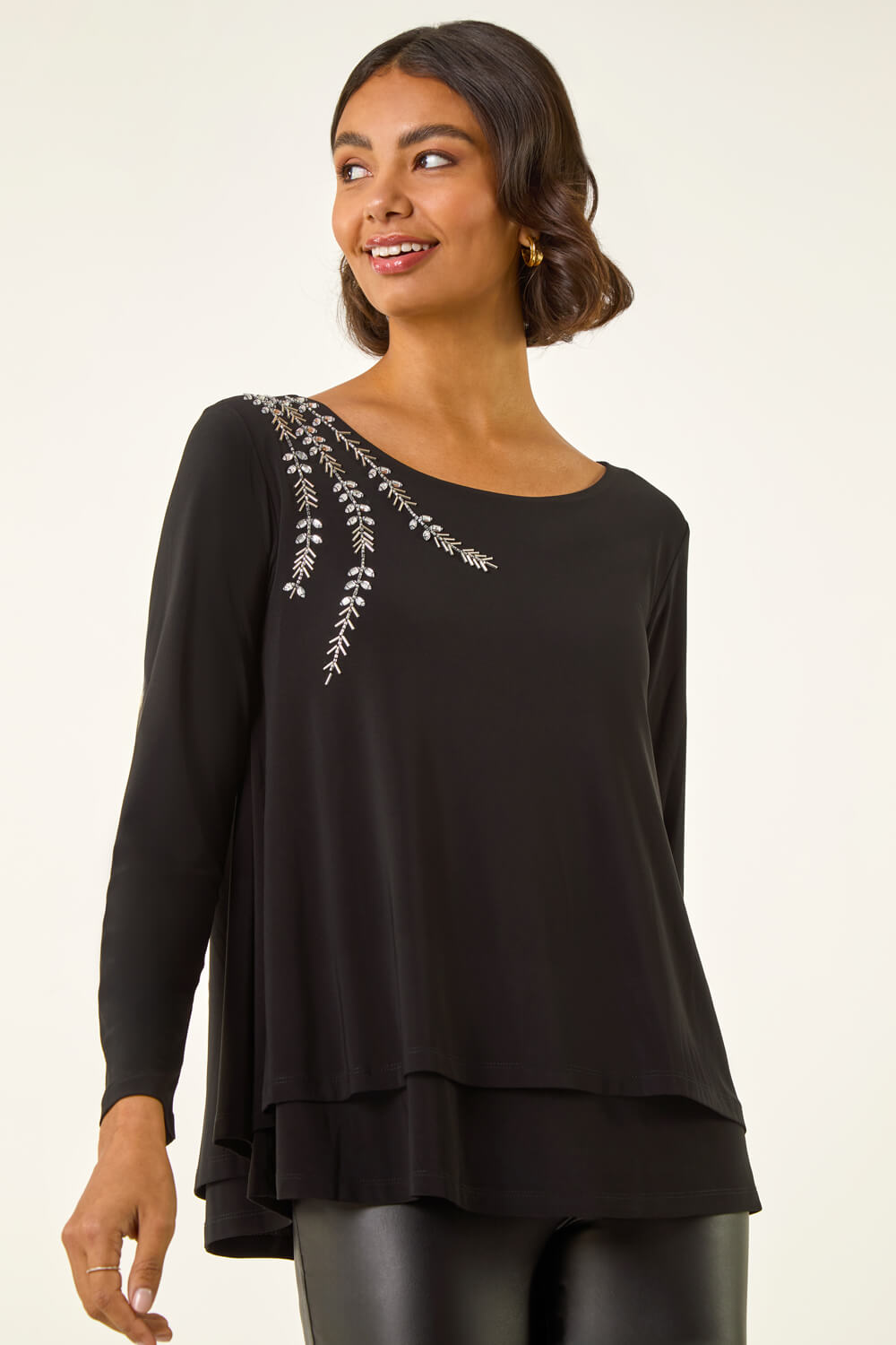 Tuscan Beige and Black Top with Black Sleeves and Black Thread Detailing