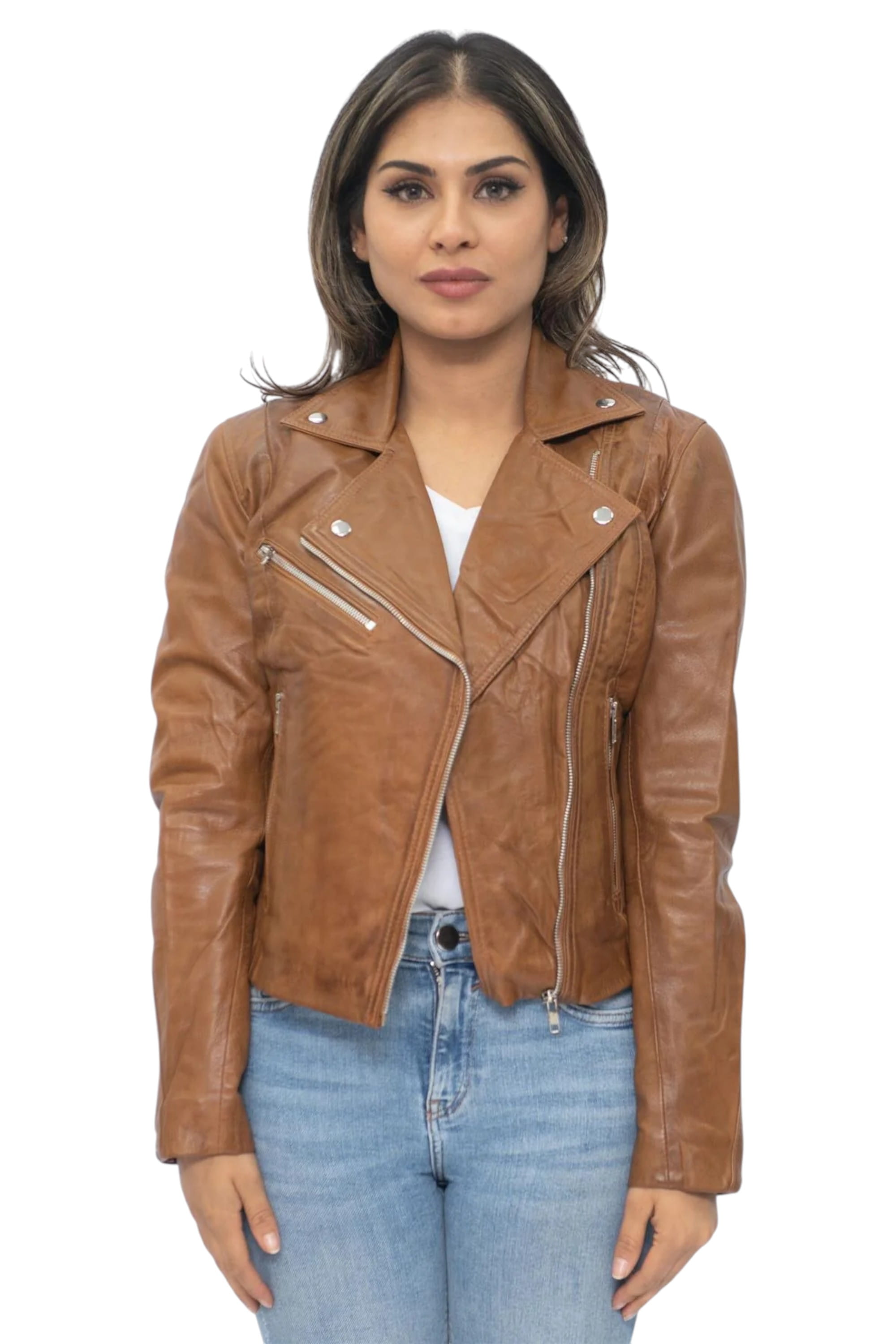 Tan Womens Leather Biker Jacket-Matlock, Image 1 of 4