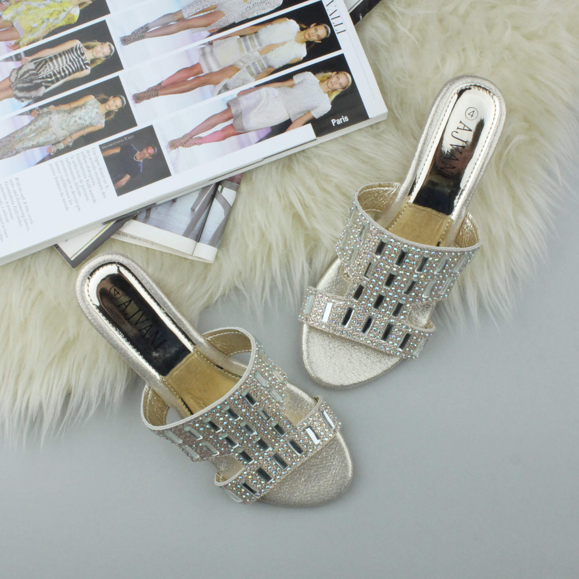 Gold Low Wedge Heel Diamante Sandals Mules, Image 4 of 6