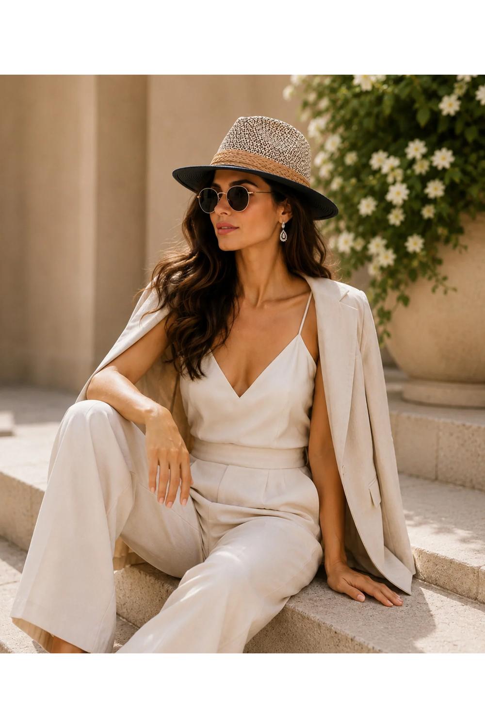 Black Farrah - Two Tone Straw Fedora, Image 1 of 3