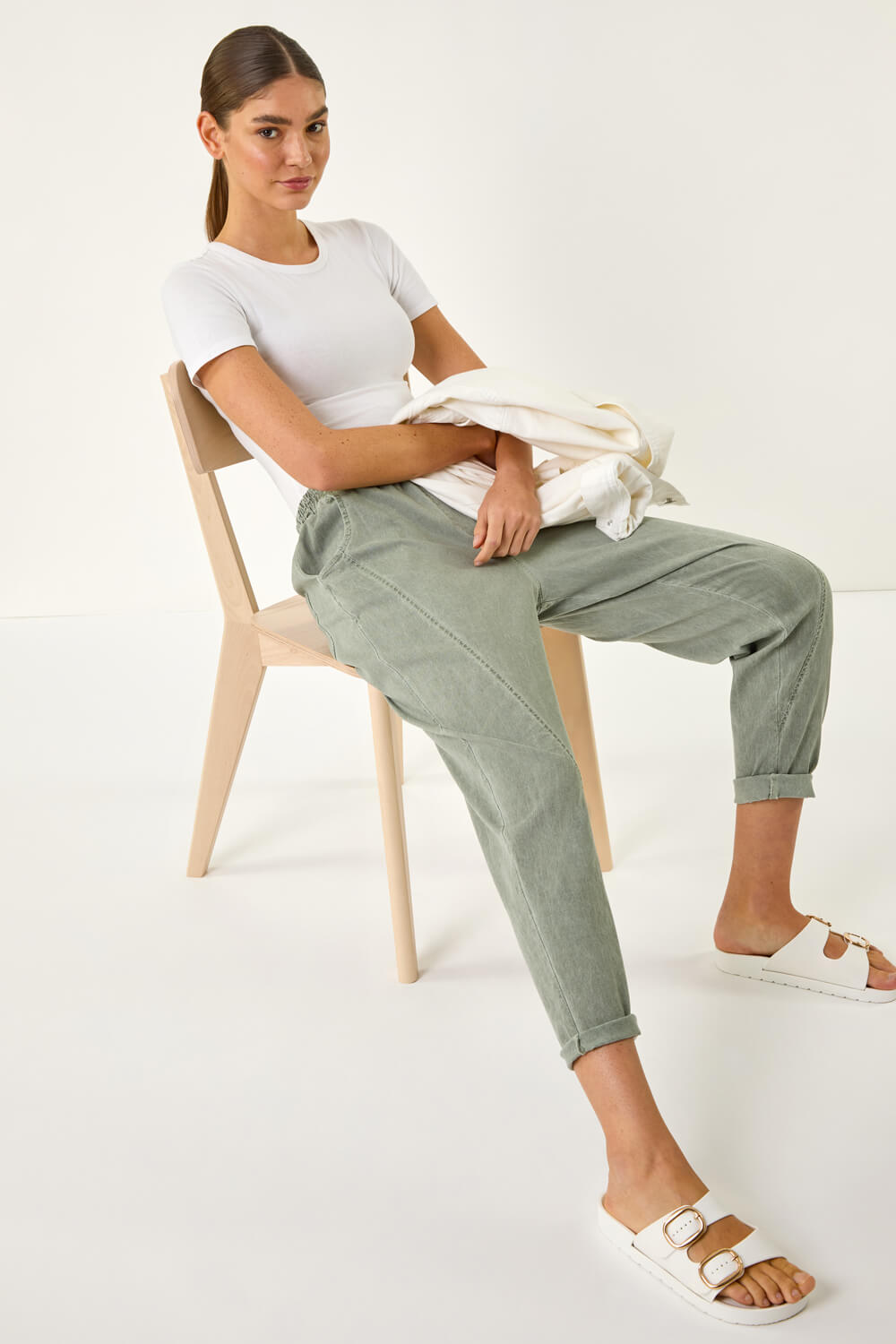 Khaki Seam Detail Cropped Stretch Trouser, Image 1 of 5