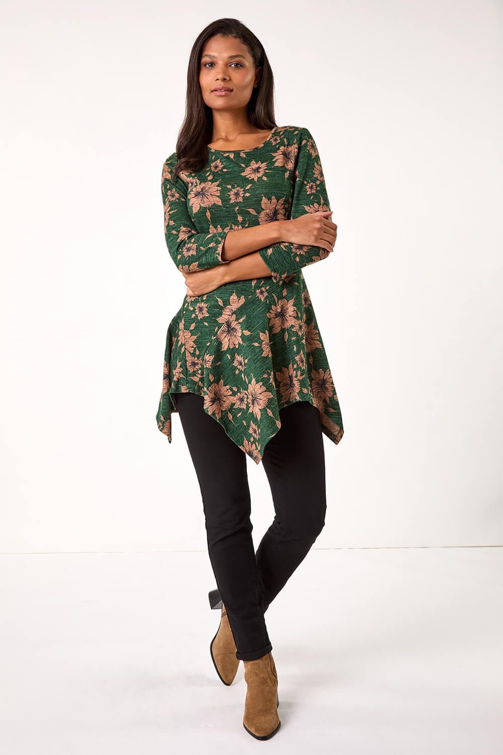 Roman Women's Green Floral Print Hanky Hem Stretch Top Size 10