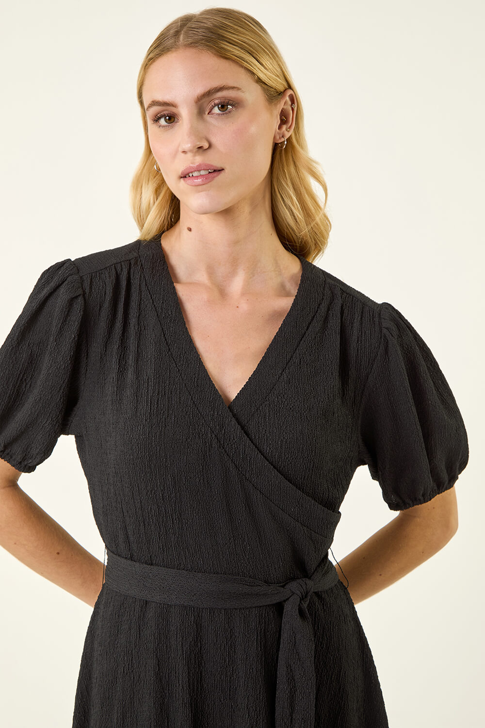 Black Wrap Bodice Belted Midi Dress, Image 5 of 5