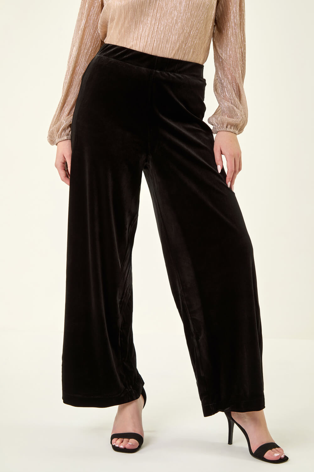 Black Petite Wide Leg Velvet Stretch Trouser, Image 5 of 5