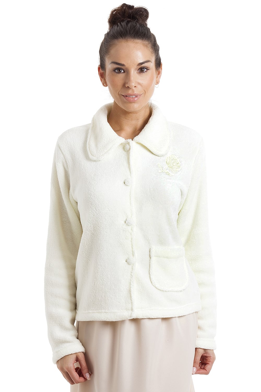 Ivory Camille Lingerie Ivory Soft Fleece Bed Jacket With Floral Motif, Image 5 of 5