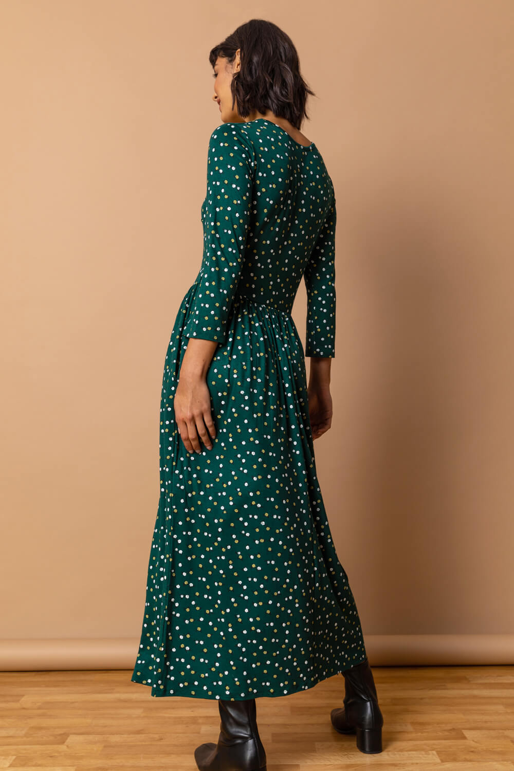 Dark Green Ditsy Floral Print Midi Dress, Image 4 of 5