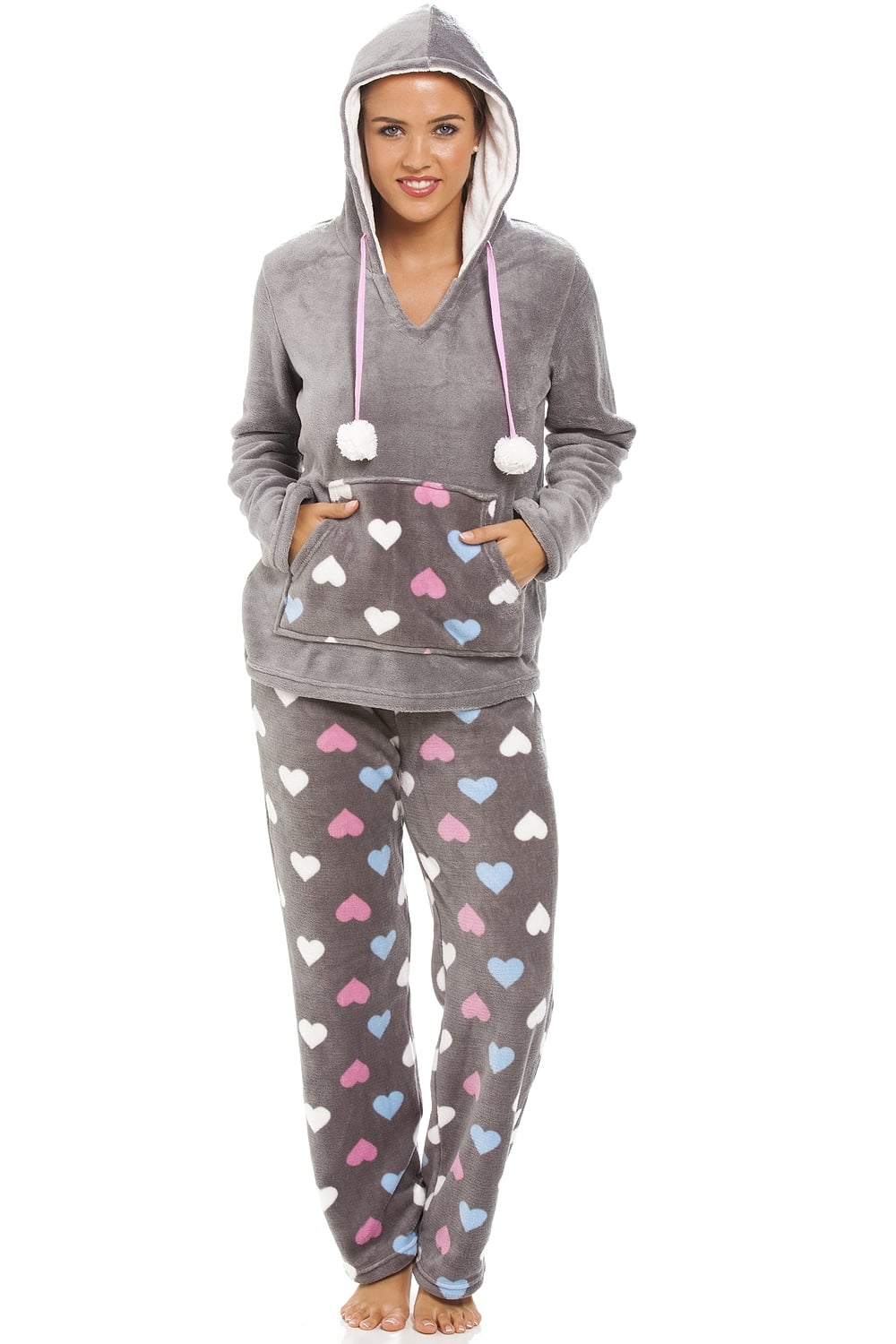Grey Multicoloured Heart Print Supersoft Pyjama Set, Image 1 of 5