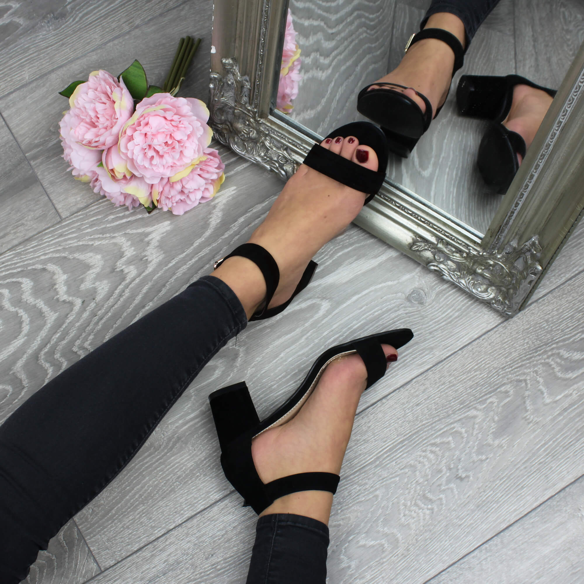 Black AJVANI Black Mid Block Heel Ankle Strap Sandals, Image 5 of 6