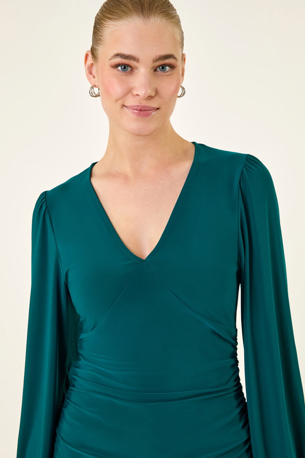 Teal Gathered V-Neck Stretch Top, Image 5 of 5