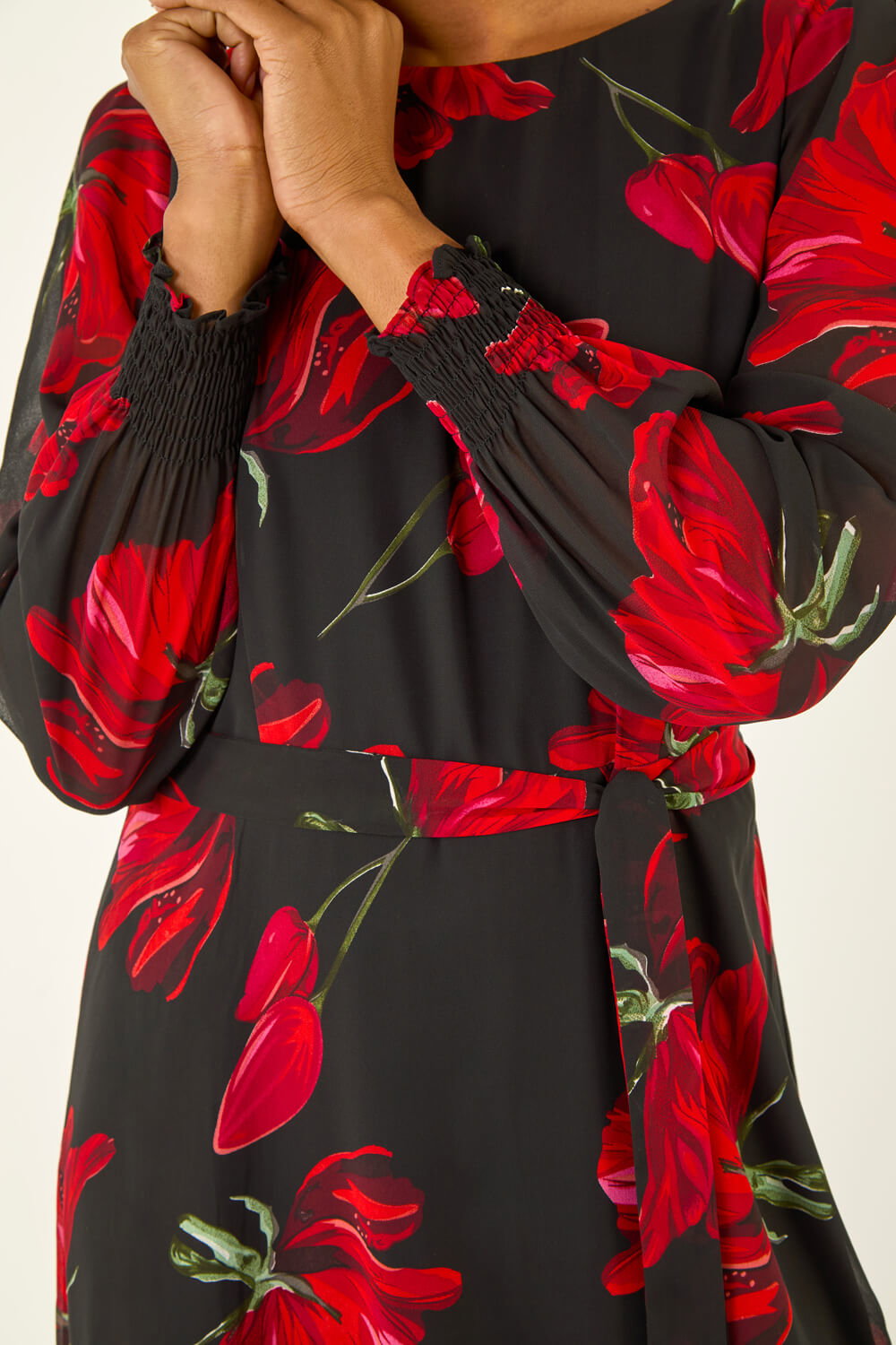 Red Floral Tie Waist Midi Dress | Roman UK