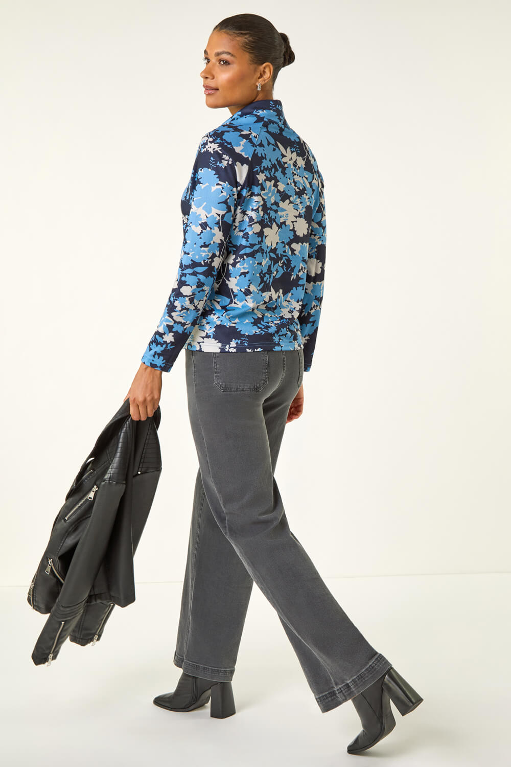 Blue Floral Print Cowl Neck Top, Image 4 of 5