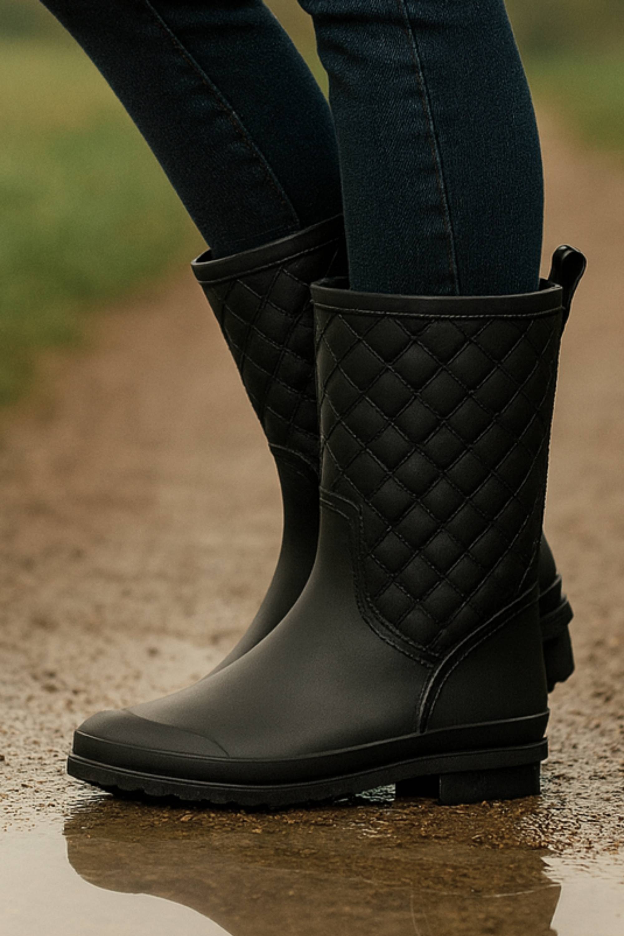 Black Waterproof Wellingtons Quilted Ankle Boots Wellies, Image 2 of 6