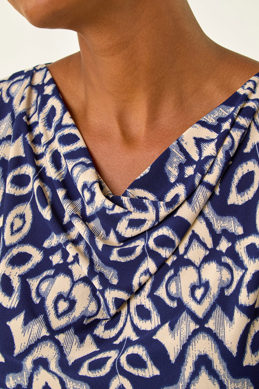 Navy Geo Print Cowl Neck Stretch Top, Image 6 of 5
