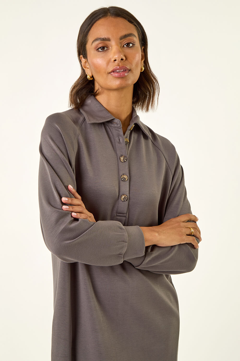 Grey Buttoned Collar Midi Dress, Image 5 of 5