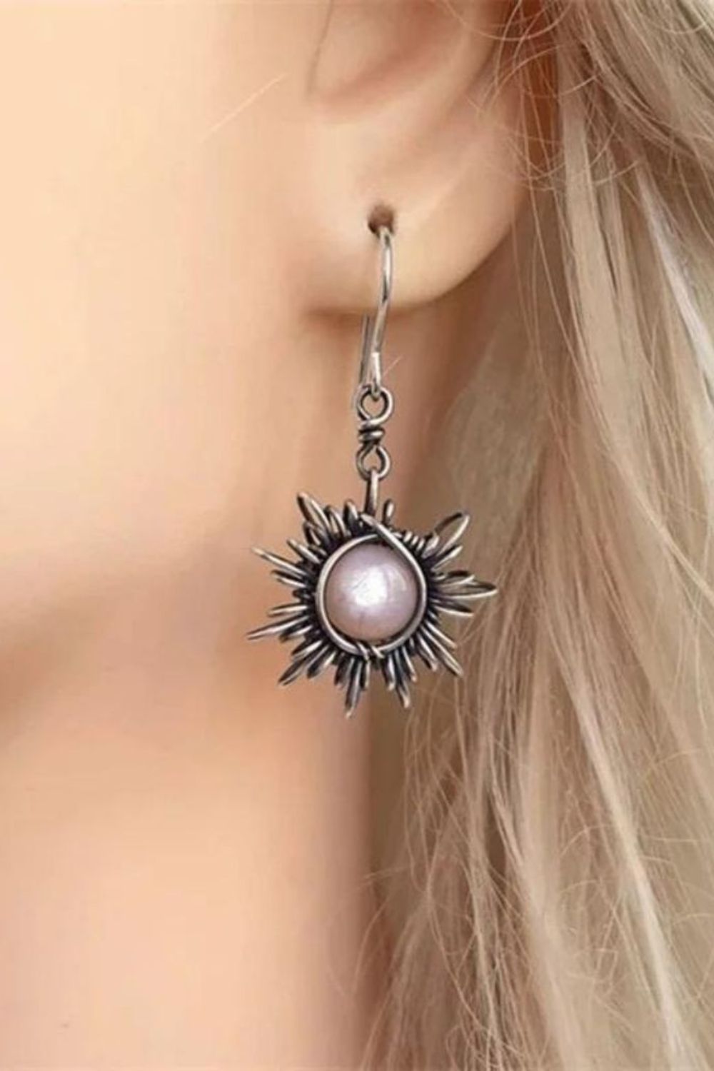 Silver The Colourful Aura Silver Sun and Half Moon Moonstone Wire-Wrapped Boho Dangle Hook Earrings, Image 2 of 4