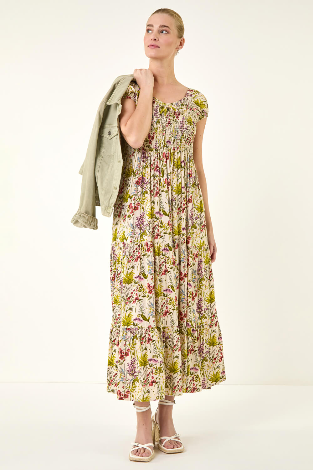Stone Floral Print Tiered Maxi Dress, Image 4 of 6