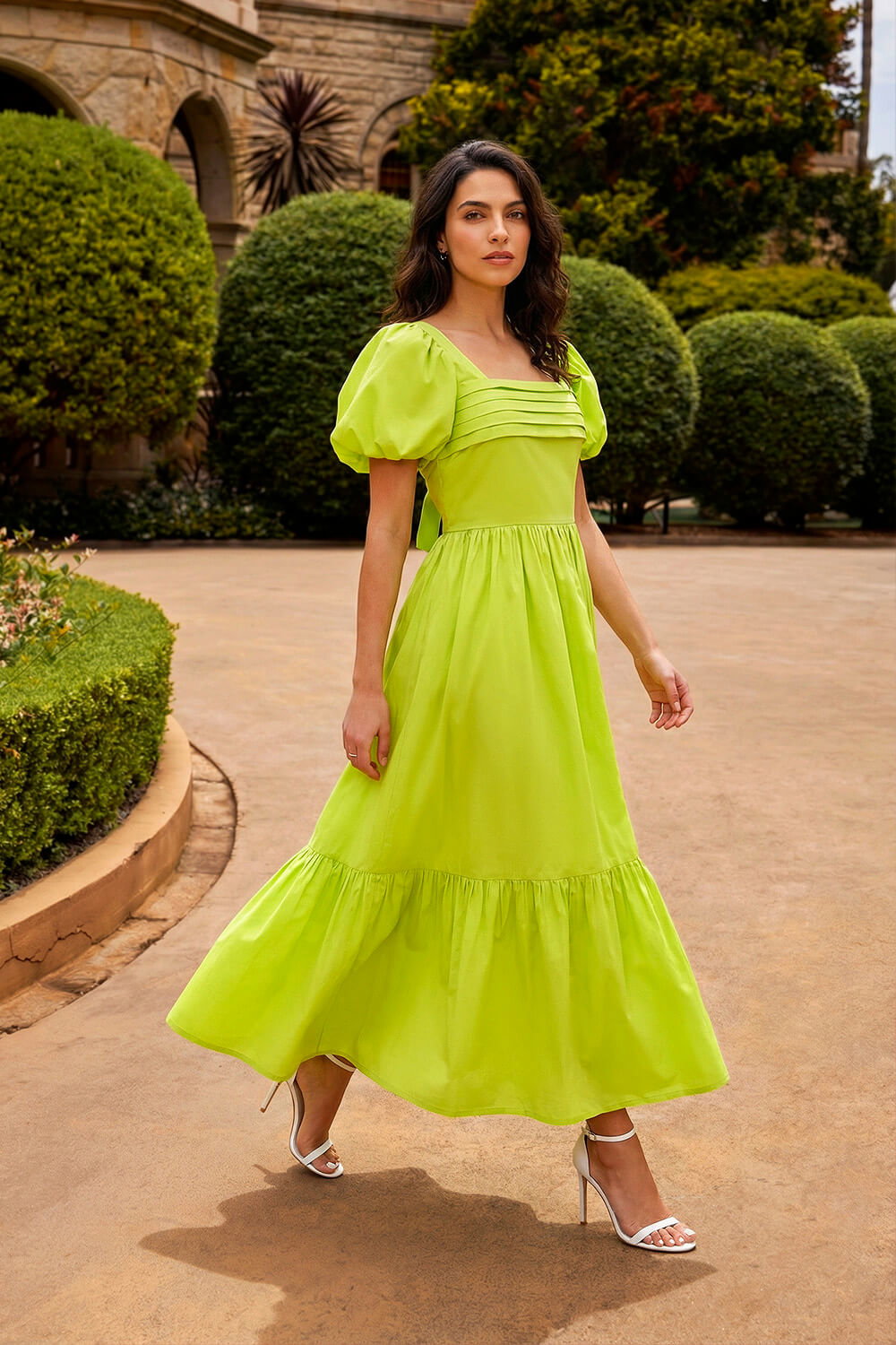 Lime Dusk Pleated Puff Midi Dress, Image 1 of 4