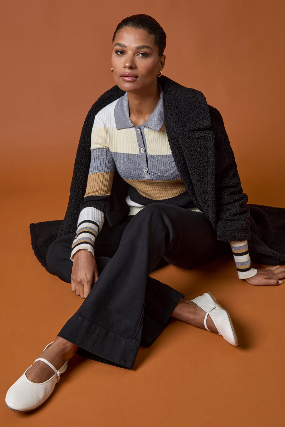 Ivory Stripe Collar Buttoned Knit, Image 7 of 6