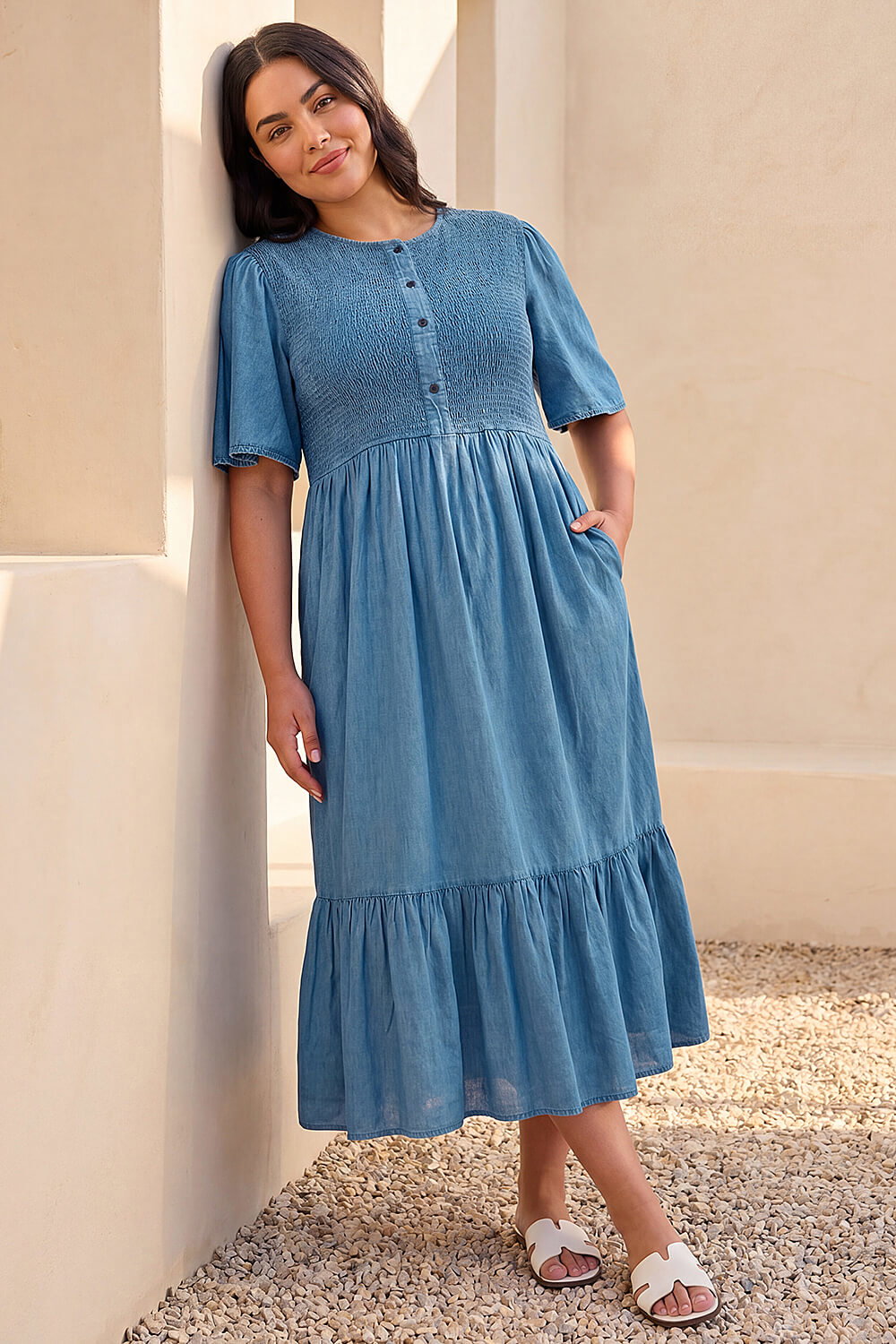 Blue Curve Denim Shirred Midi Dress, Image 3 of 4