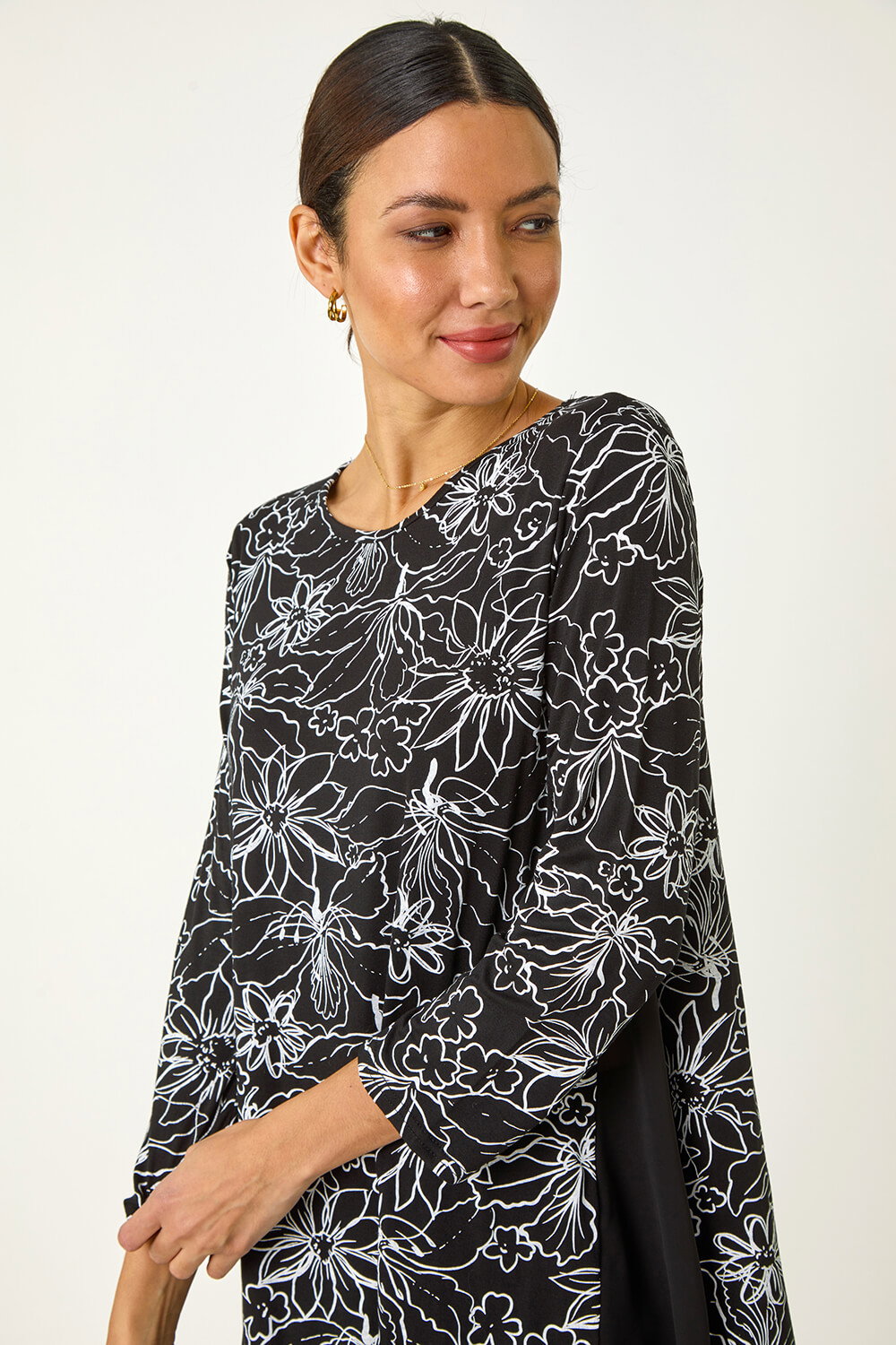 Black Floral Print Mesh Hem Tunic Top, Image 5 of 5